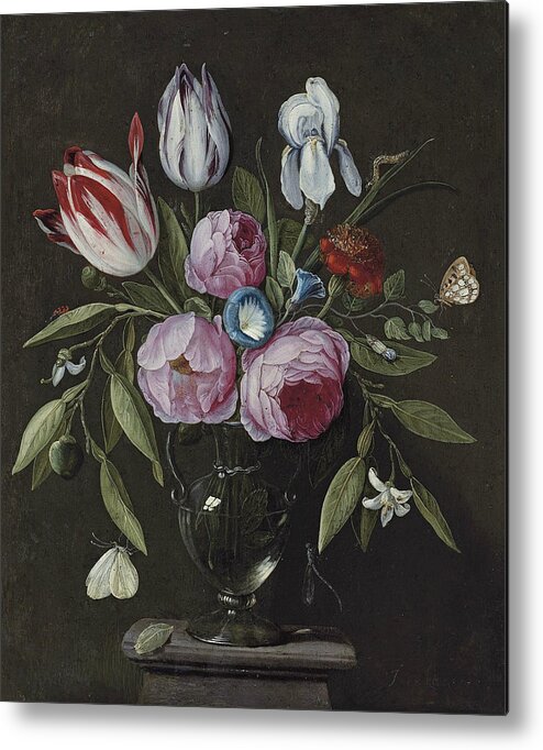 17th Century Art Metal Print featuring the painting Roses, tulips, an iris and other flowers, in a glass vase on a stone plinth by Jan van Kessel the Elder