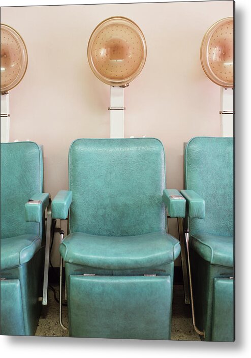 In A Row Metal Print featuring the photograph Salon Hair Dryers by Lisa Romerein