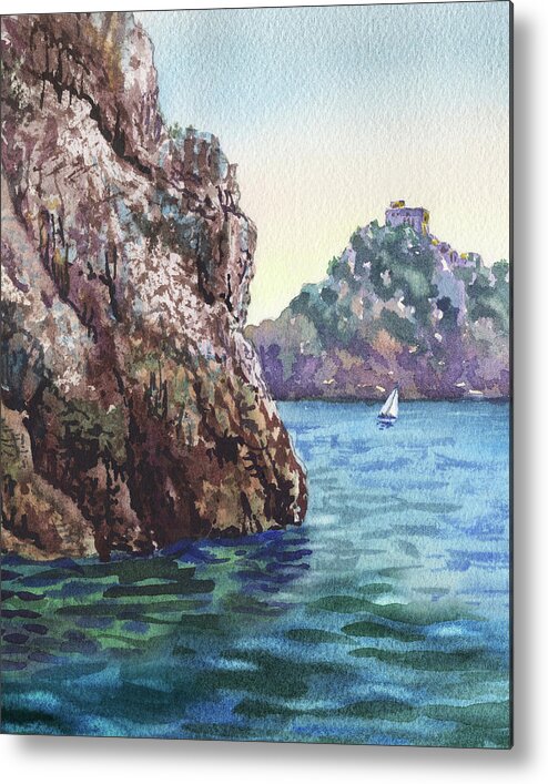 Sea Metal Print featuring the painting Seascape With Boat And Cliff Watercolor by Irina Sztukowski