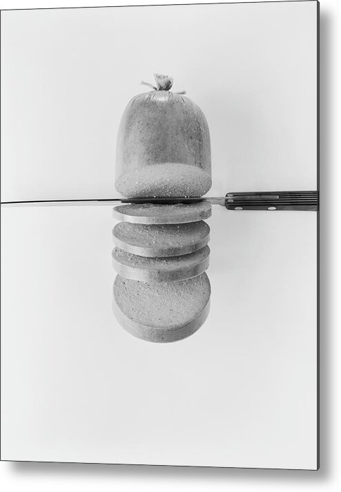 White Background Metal Print featuring the photograph Slices Of Sausage With Knife, Close-up by Tom Kelley Archive