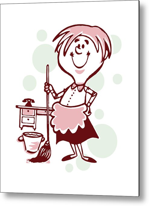Adult Metal Print featuring the drawing Smiling Housekeeper with Mop and Bucket by CSA Images