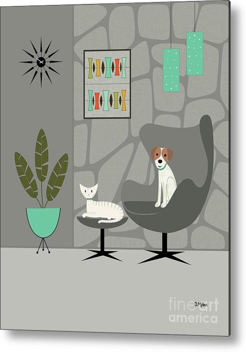 Mid Century Modern Metal Print featuring the digital art Stone Wall with Dog and Cat by Donna Mibus