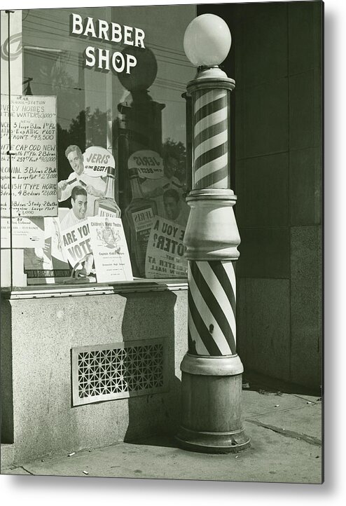 1930-1939 Metal Print featuring the photograph Striped Barber Pole Outside Shop, B&w by George Marks