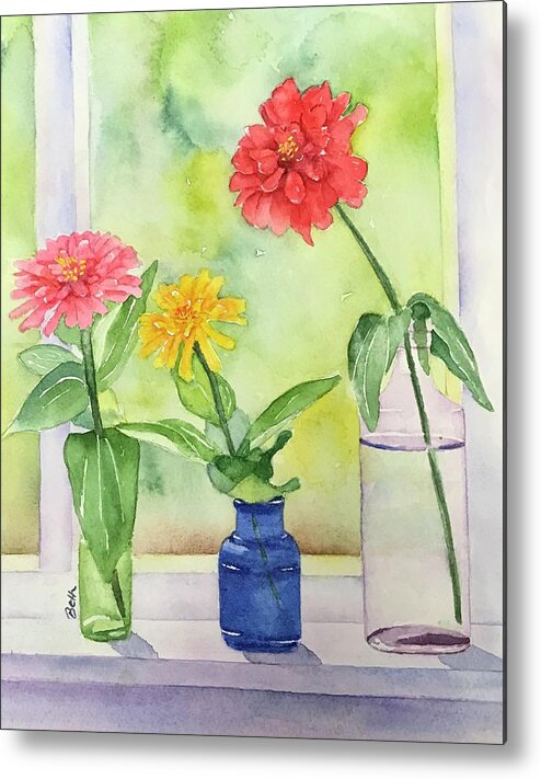 Zinnias Metal Print featuring the painting Summer Beauties by Beth Fontenot