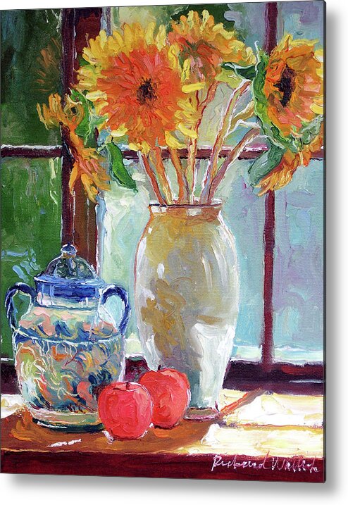 Sunflowers Teapot Fruit Metal Print featuring the painting Sunflowers In A Vase by Richard Wallich