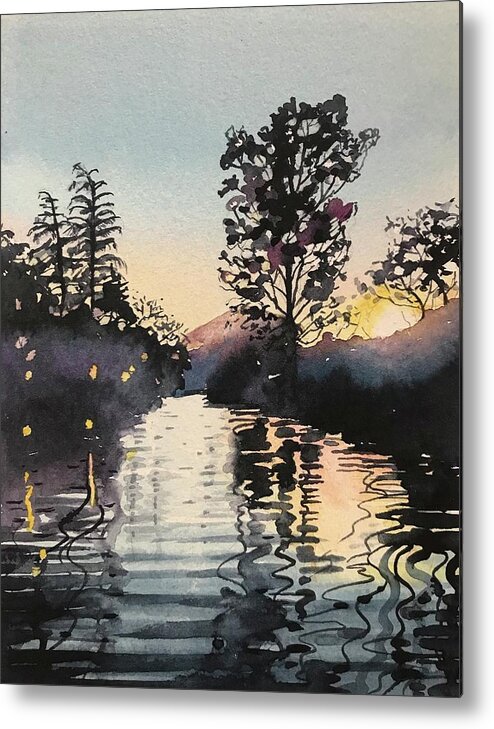 Santa Monica Metal Print featuring the painting Sunset over Rabbit Island at Malibou Lake by Luisa Millicent