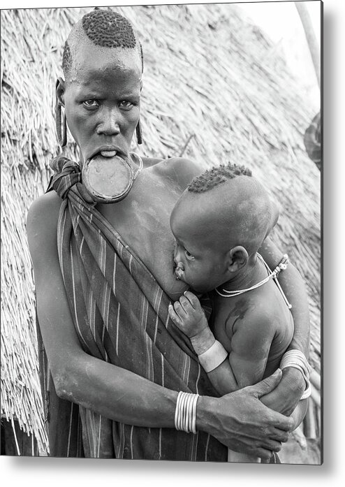Portrait Metal Print featuring the photograph Mursi Mother and child by Mache Del Campo
