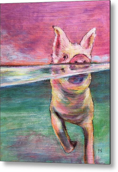 Pig Metal Print featuring the mixed media Swimming Pig by AnneMarie Welsh