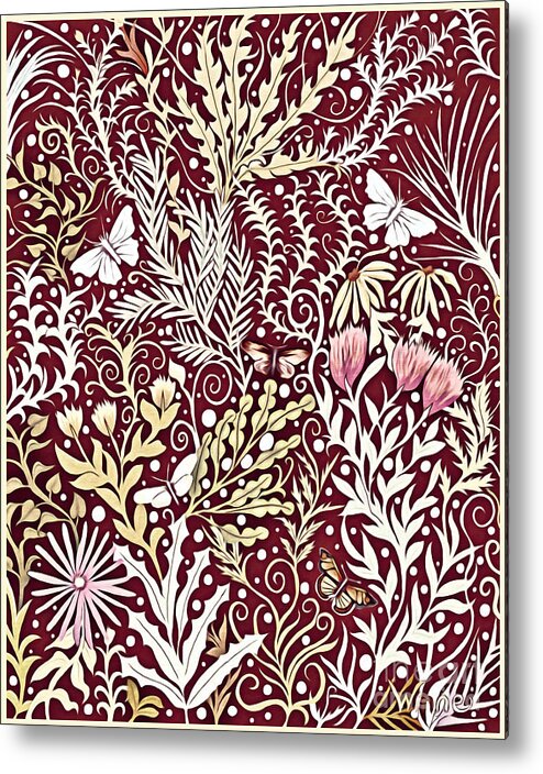 Lise Winne Metal Print featuring the mixed media Tapestry Design, With White Butterflies, In a Deep Rich Red by Lise Winne