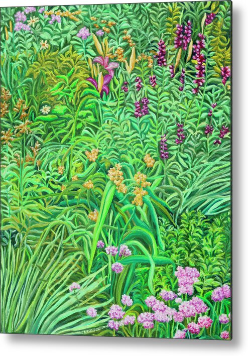 Tapestry Pinks And Hollyhocks Metal Print featuring the painting Tapestry Pinks And Hollyhocks by Andrea Strongwater