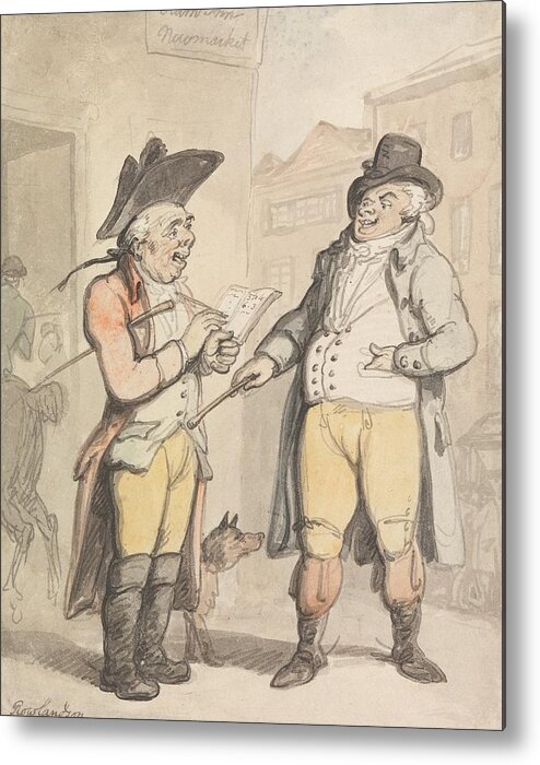 19th Century Art Metal Print featuring the drawing The Bookmaker and his Client outside the Ram Inn, Newmarket by Thomas Rowlandson