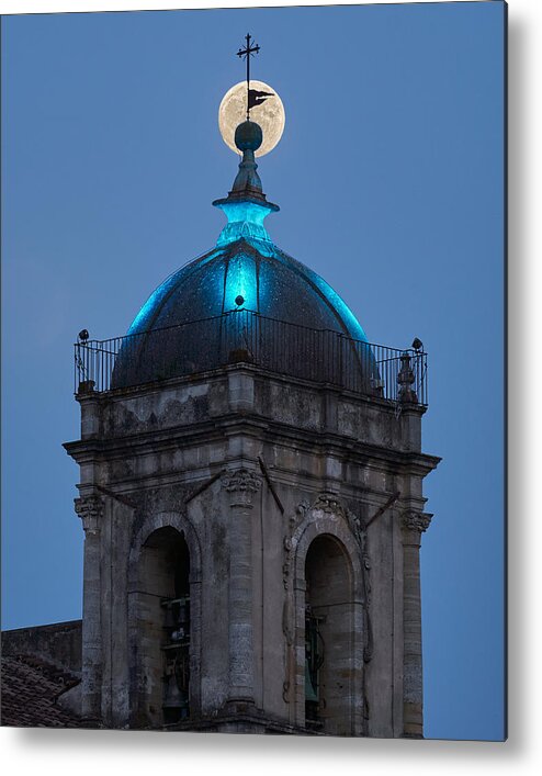 Moon Metal Print featuring the photograph The Yellow Moon Behind The Bell's Tower Flag by Alessandro Mari