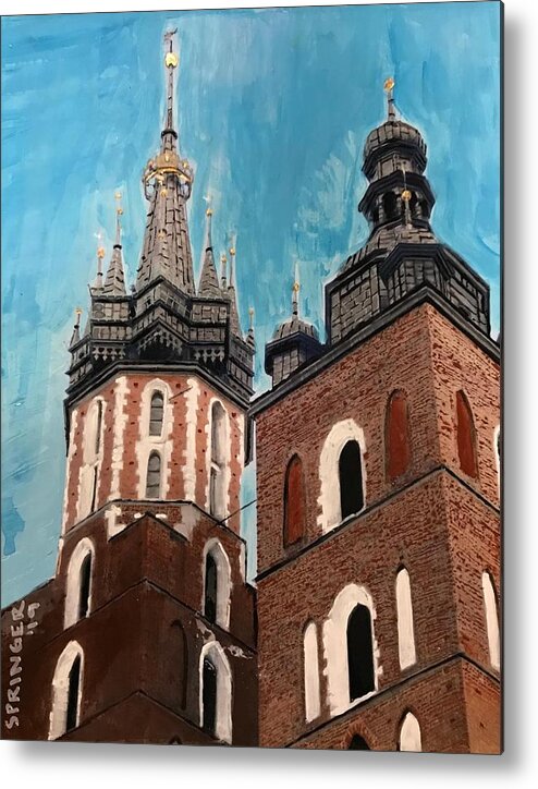 Towers Of St. Mary's Basilica Metal Print featuring the painting Towers of St. Mary's Basilica, Krakow, Poland by Gary Springer