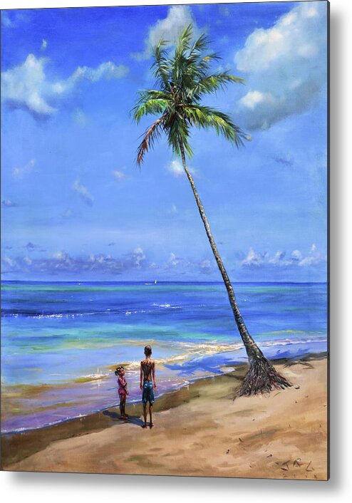 Caribbean Art Metal Print featuring the painting Two Children by Coconut Tree by Jonathan Gladding