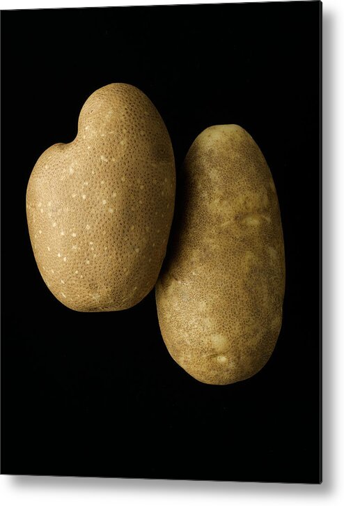Two Objects Metal Print featuring the photograph Two Russet Potatoes On Black by Howard Bjornson