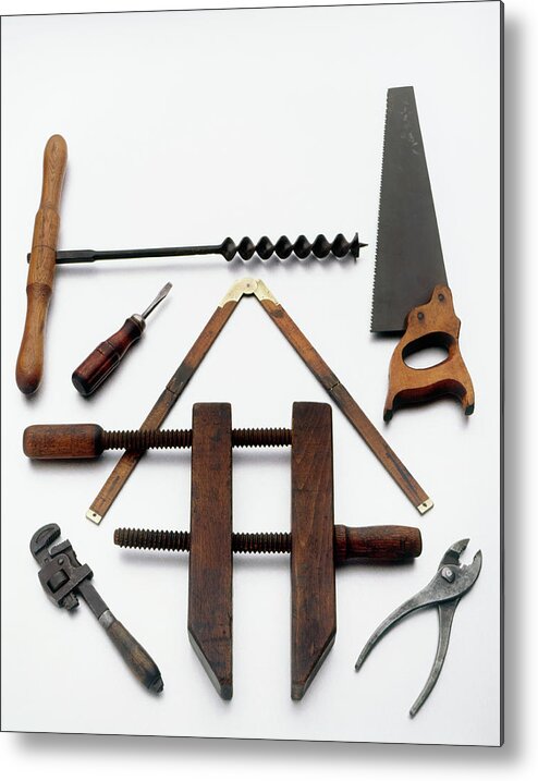 White Background Metal Print featuring the photograph Various Old Used Antique Building Tools by Steve Wisbauer