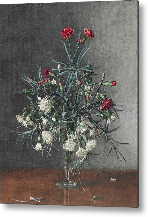 19th Century Art Metal Print featuring the drawing Vase of Red and White Carnations by Leon Bonvin