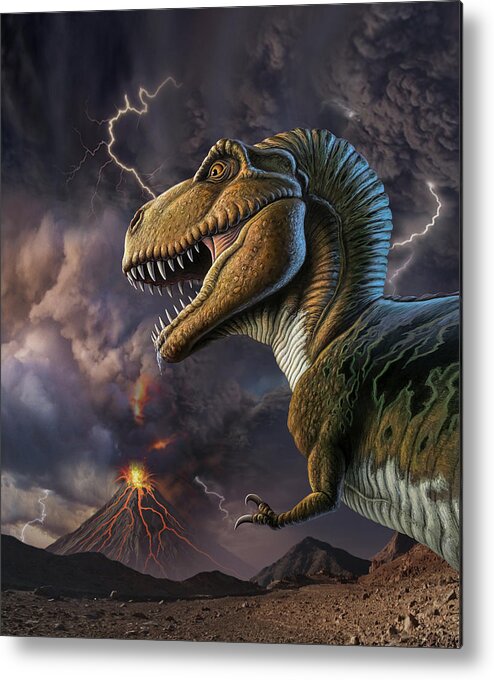 T-rex Metal Print featuring the mixed media Volcano Rex by Jerry LoFaro
