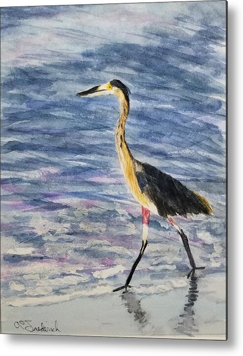 Herons Metal Print featuring the painting Walk on the beach by Ann Frederick