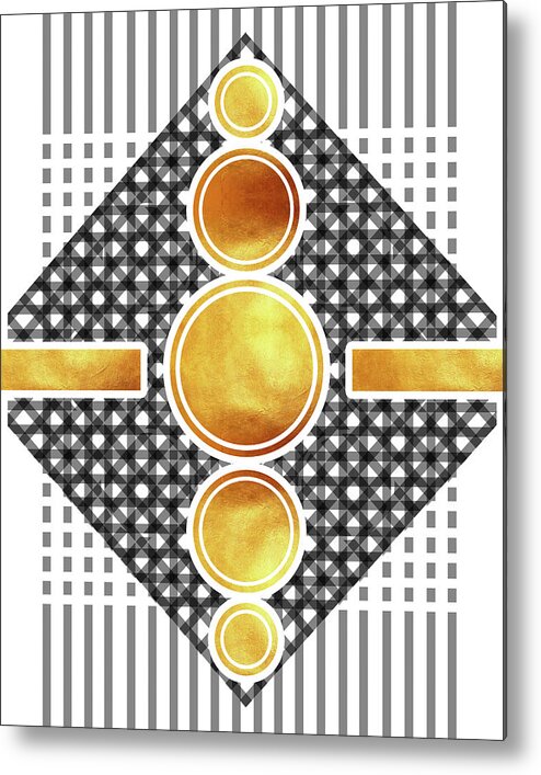 Modern Abstract Metal Print featuring the mixed media White, Black and Gold Abstract - Modern Geometric Abstract - Pattern Design - Golden Circle Pattern by Studio Grafiikka