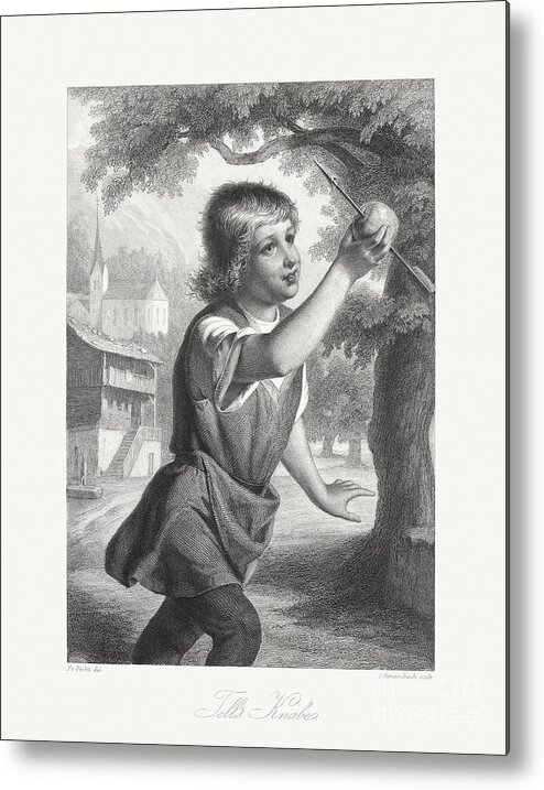 Engraving Metal Print featuring the digital art Wilhelm Tells Son With The Apple by Zu 09