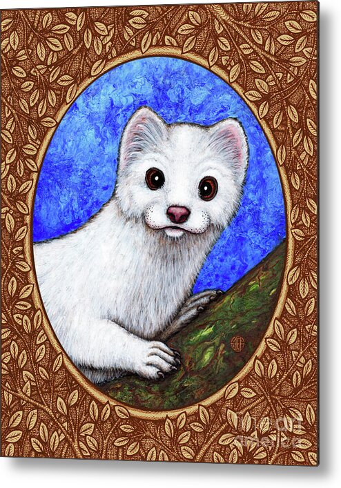 Animal Portrait Metal Print featuring the painting Winter Weasel Portrait - Brown Border by Amy E Fraser