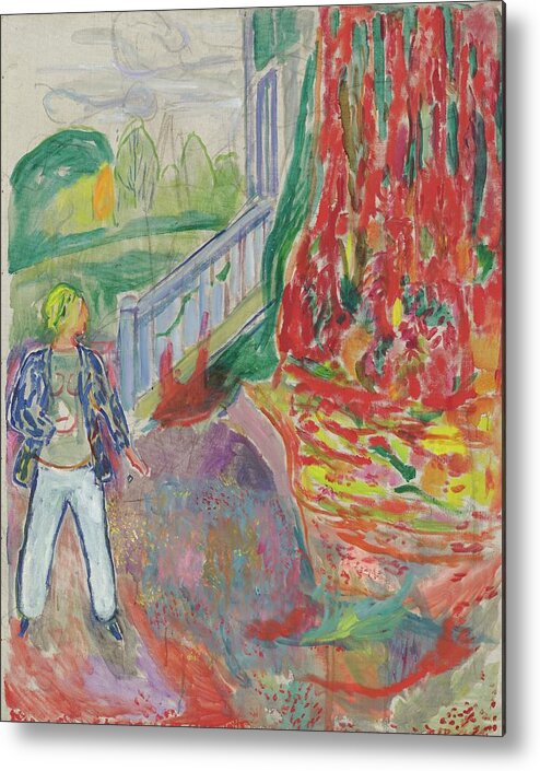 Edvard Munch Metal Print featuring the painting Woman By The Veranda Step by Edvard Munch