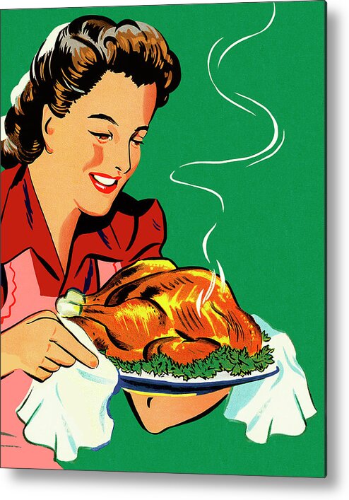 Adult Metal Poster featuring the drawing Woman Holding a Roasted Chicken by CSA Images