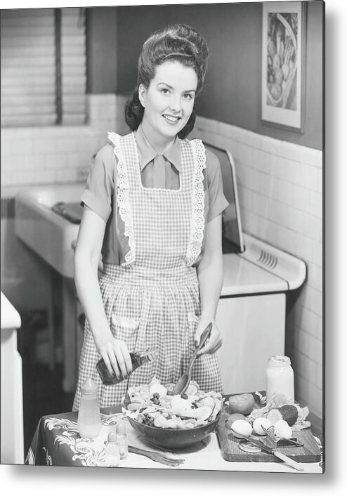 Three Quarter Length Metal Print featuring the photograph Woman Preparing Salad In Kitchen , B&w by George Marks