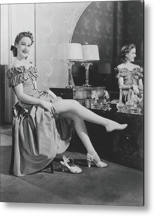 People Metal Print featuring the photograph Woman Sitting At Vanity Table, Putting by George Marks