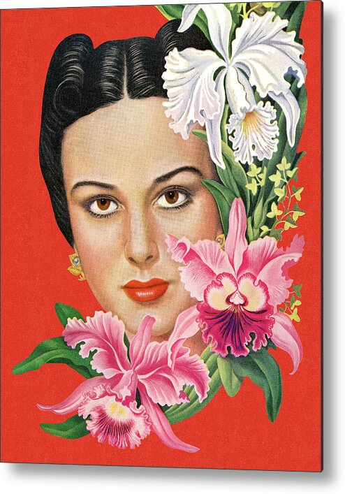 Adult Metal Print featuring the drawing Woman With Tropical Flowers by CSA Images