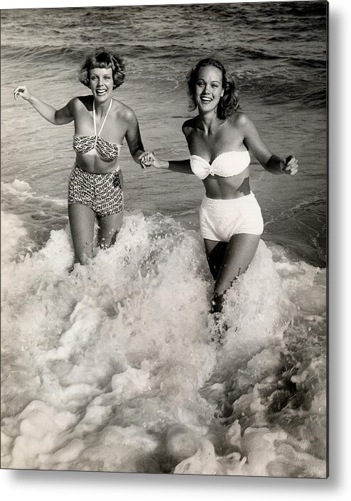 Three Quarter Length Metal Print featuring the photograph Women Playing In The Surf At The Beach by George Marks