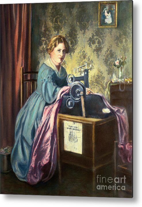 Working Metal Print featuring the photograph Young Woman Using Early Sewing Machine by Bettmann