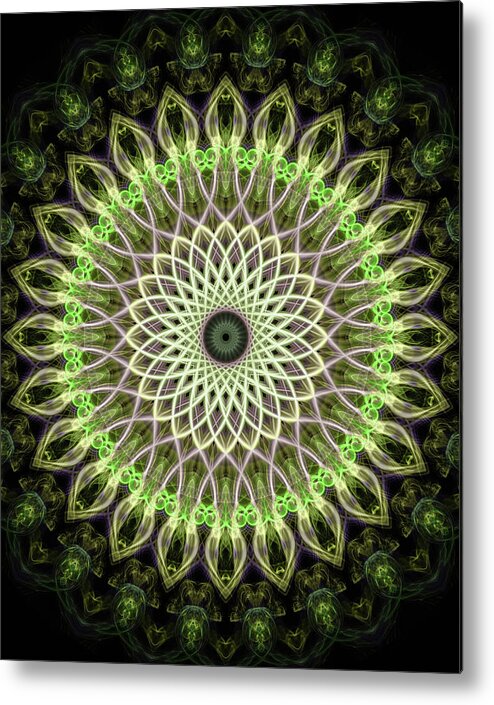 Mandala Metal Print featuring the digital art Neon green mandala #1 by Jaroslaw Blaminsky