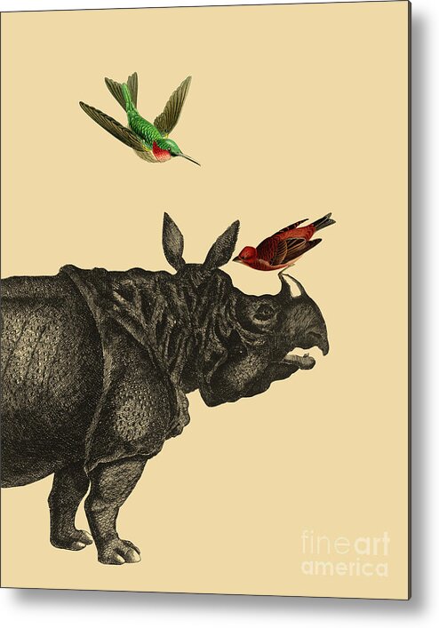 Rhino Metal Print featuring the digital art Rhino With Birds #1 by Madame Memento