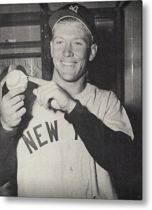 Mickey Mantle Metal Print featuring the mixed media 1953 Mickey Mantle Home Run Photo by Row One Brand