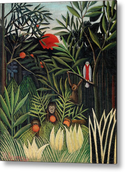 Monkeys Metal Print featuring the painting Monkeys and Parrot in the Virgin Forest #3 by Henri Rousseau