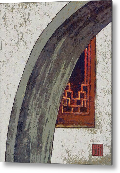 Abstract Metal Print featuring the mixed media 274 Architectural Abstract Art, Wood Window Arch Guiyuan Buddhist Temple, Wuhan, China by Richard Neuman Architectural Gifts