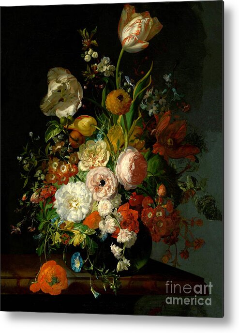 Still Life With Flowers In A Glass Vase Metal Print featuring the painting Still Life with Flowers in a Glass Vase #3 by Rachel Ruysch