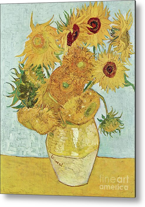 European Metal Print featuring the painting Vase with Twelve Sunflowers #6 by Vincent van Gogh
