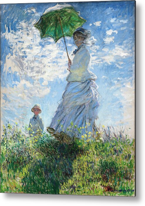 Woman With A Parasol And Her Son Metal Print featuring the painting Woman With A Parasol Madame Monet And Her Son by Claude Monet 1875 by Claude monet