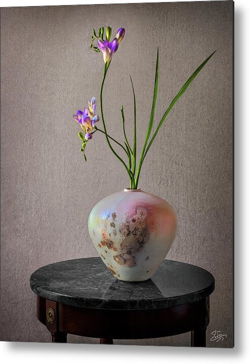Freesia Metal Print featuring the photograph A Raku Vase With Freesias by Endre Balogh