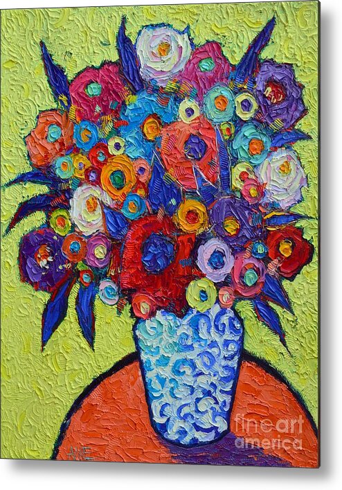 Abstract Metal Print featuring the painting ABSTRACT COLORFUL ROSES AND WILD FLOWERS textural impressionist impasto palette knife oil painting by Ana Maria Edulescu