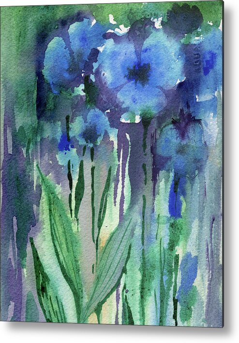 Abstract Floral Watercolor Fluid Flower Painting Abstraction Metal Print featuring the painting Abstract Floral Watercolor Painting Ultramarine Blue Flowers by Irina Sztukowski