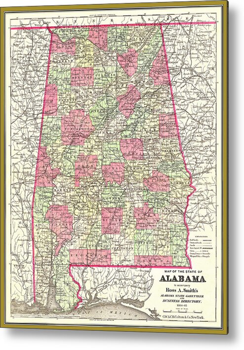 Alabama Metal Print featuring the photograph Alabama map wtih counties, circa 1884 by Phil Cardamone