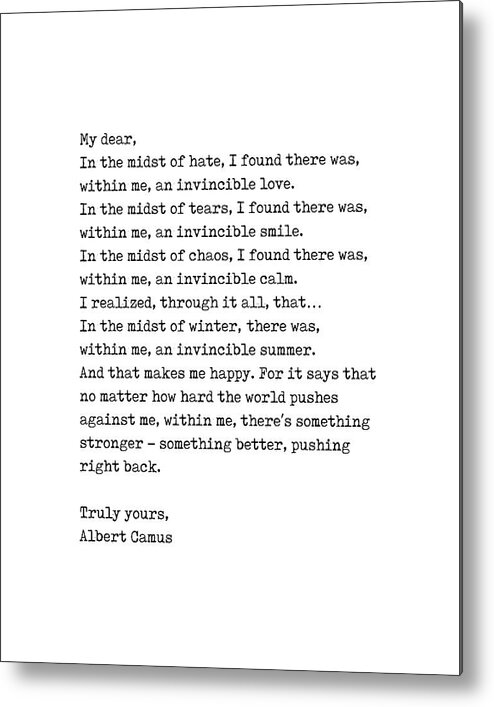 Albert Camus Metal Print featuring the digital art Albert Camus Quote - Invincible Summer 1 - Typewriter Print - Minimalist, Inspiring Literary Quote by Studio Grafiikka
