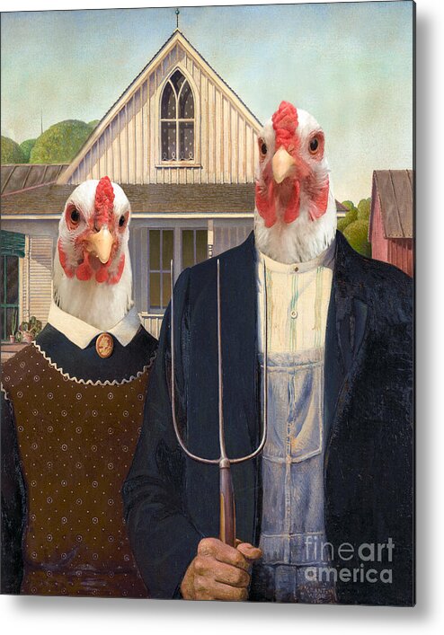 American Gothic Metal Print featuring the painting American Gothic chickens by Delphimages Photo Creations