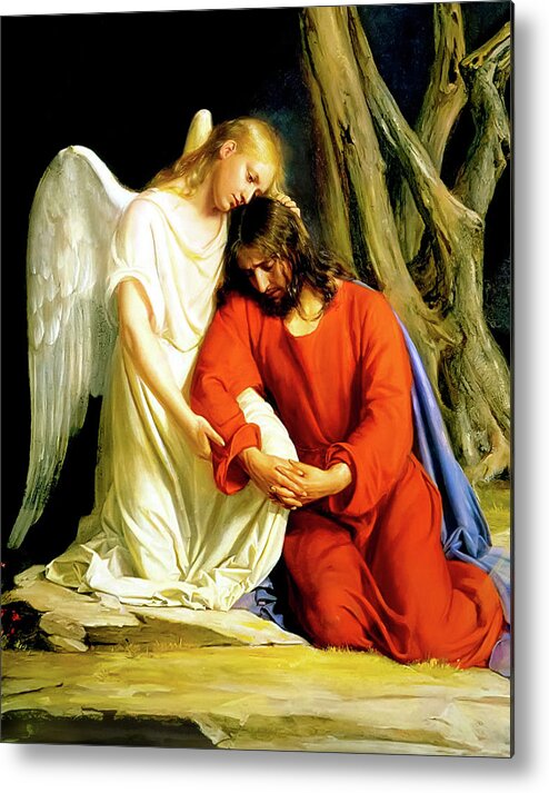 Carl Bloch Metal Print featuring the painting An angel comforting Jesus before his arrest in the Garden of Gethsemane by Carl Bloch