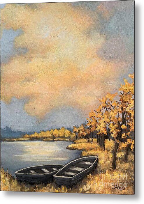 Sunset Metal Print featuring the painting Autumn boats by Inese Poga