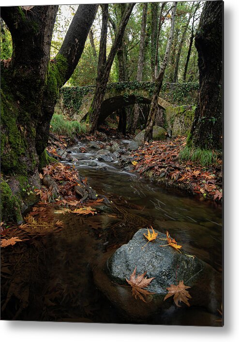 Autumn Metal Print featuring the photograph Autumn landscape with river flowing below a stoned ancient bridge by Michalakis Ppalis